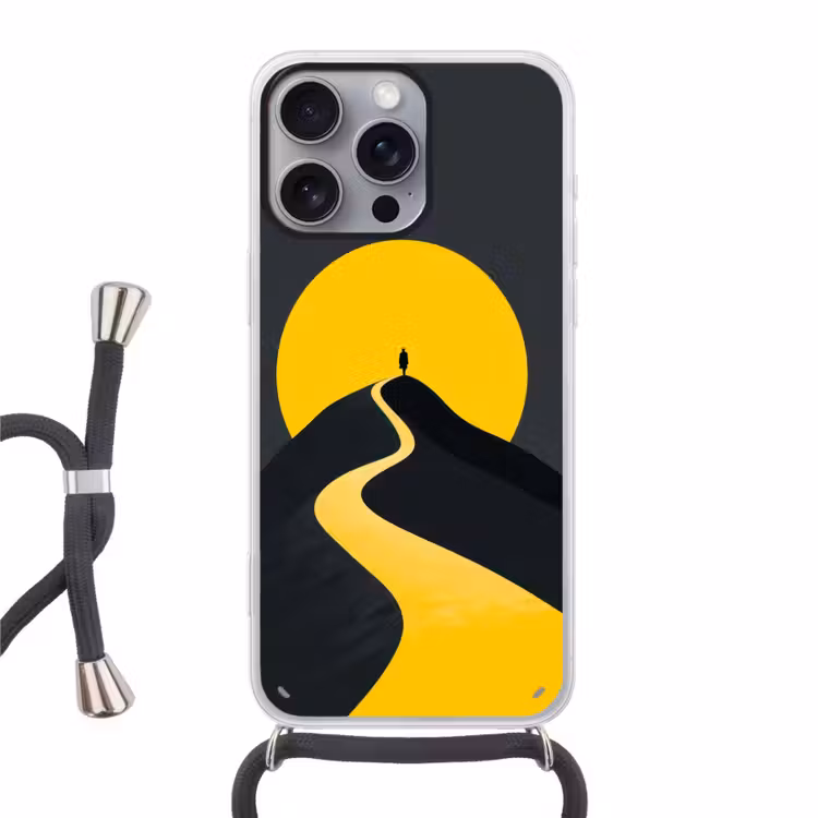Zon - Heuvel - Pad - Geel Hoesje iPhone 16 Pro Max met koord klein -3d