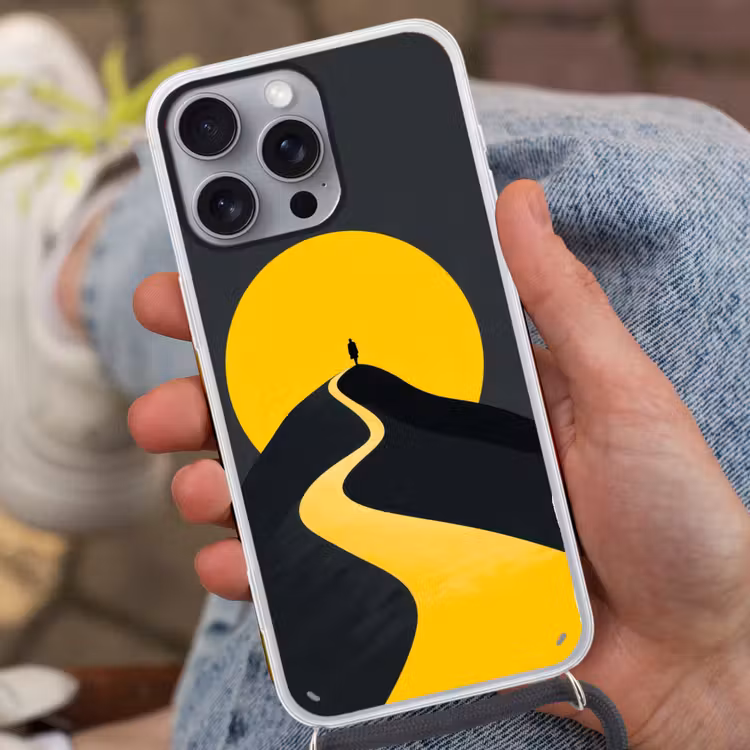 Zon - Heuvel - Pad - Geel Hoesje iPhone 16 Pro Max met koord klein -sfeer3