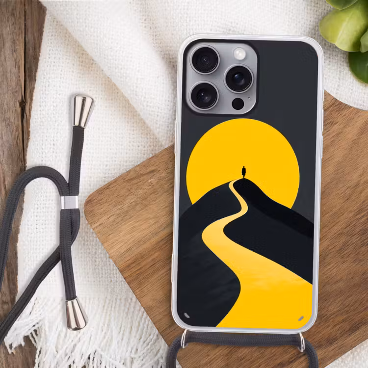 Zon - Heuvel - Pad - Geel Hoesje iPhone 16 Pro Max met koord klein -sfeer4