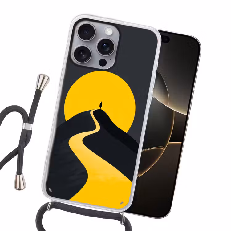 Zon - Heuvel - Pad - Geel Hoesje iPhone 16 Pro Max met koord klein -sfeer1