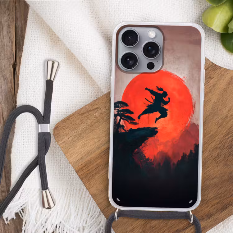 Zon - Krijger - Bomen - Bergen Hoesje iPhone 16 Pro Max met koord klein -sfeer4