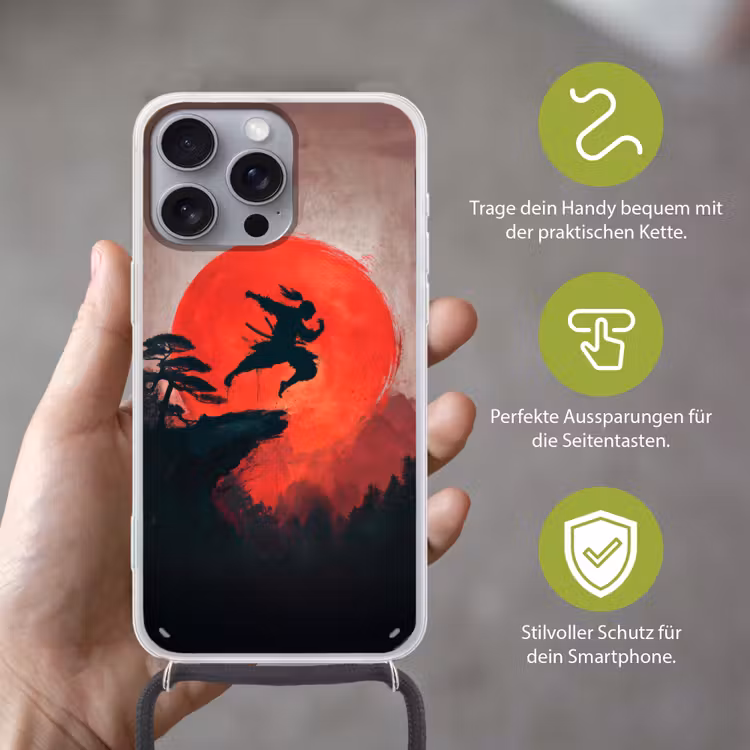 Zon - Krijger - Bomen - Bergen Hoesje iPhone 16 Pro Max met koord klein -sfeer2_DE