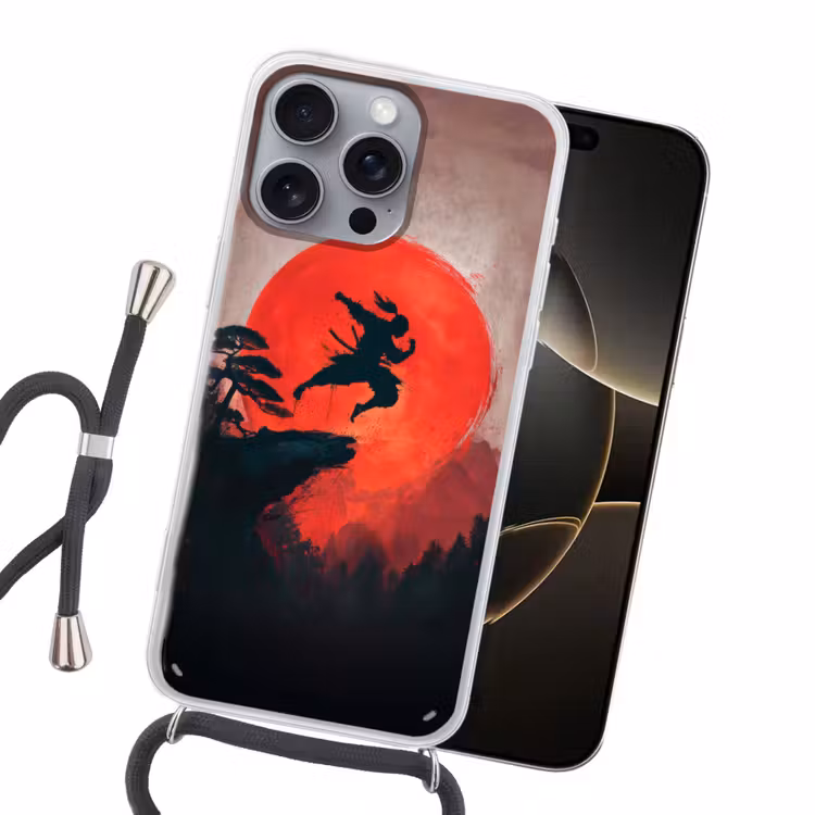 Zon - Krijger - Bomen - Bergen Hoesje iPhone 16 Pro Max met koord klein -sfeer1