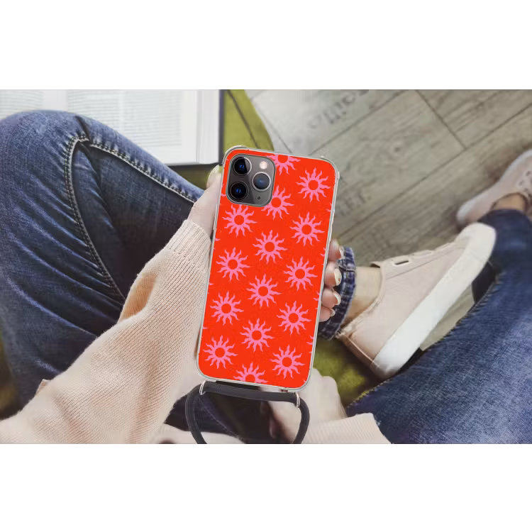 Zonnen - Rood - Roze - Patroon - Zomer Hoesje iPhone 12 Pro met koord klein -hand