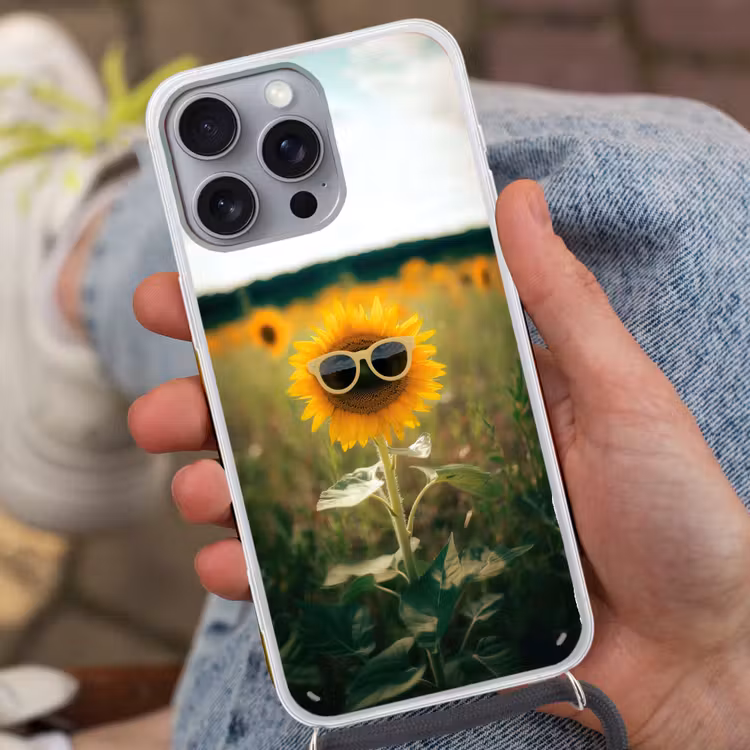 Zonnebloem - Veld - Zonnebril Hoesje iPhone 16 Pro Max met koord klein -sfeer3