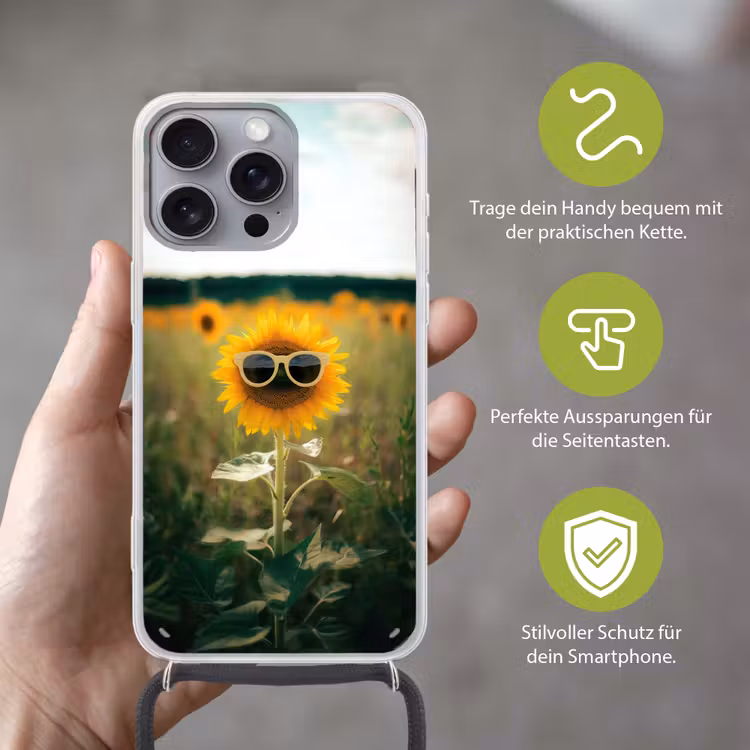 Zonnebloem - Veld - Zonnebril Hoesje iPhone 16 Pro Max met koord klein -sfeer2_DE