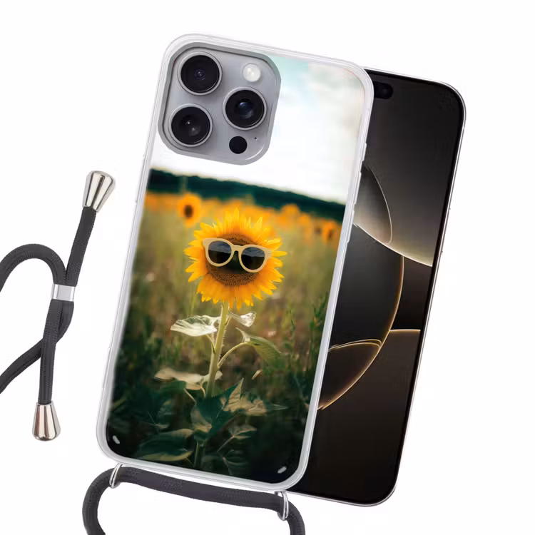 Zonnebloem - Veld - Zonnebril Hoesje iPhone 16 Pro Max met koord klein -sfeer1