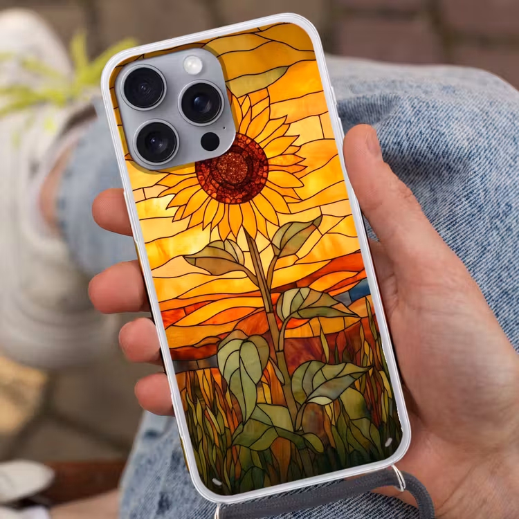 Zonnebloem - Mozaïek - Zonsondergang - Geel Hoesje iPhone 16 Pro Max met koord klein -sfeer3