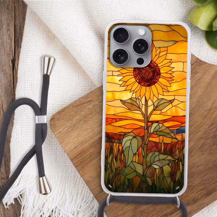 Zonnebloem - Mozaïek - Zonsondergang - Geel Hoesje iPhone 16 Pro Max met koord klein -sfeer4