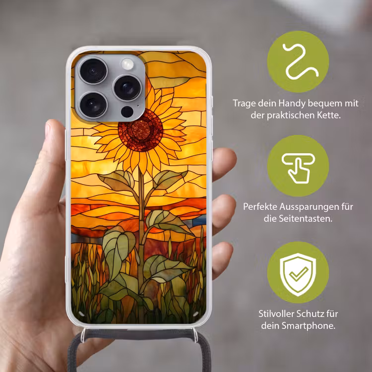 Zonnebloem - Mozaïek - Zonsondergang - Geel Hoesje iPhone 16 Pro Max met koord klein -sfeer2_DE