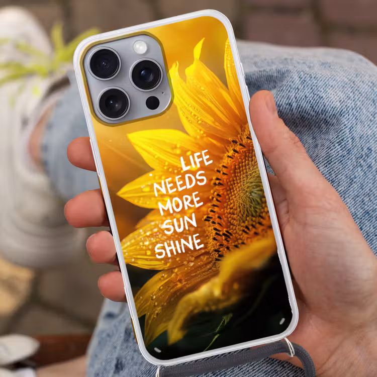 Zonnebloem - Close up - Geel - Quote Hoesje iPhone 16 Pro Max met koord klein -sfeer3
