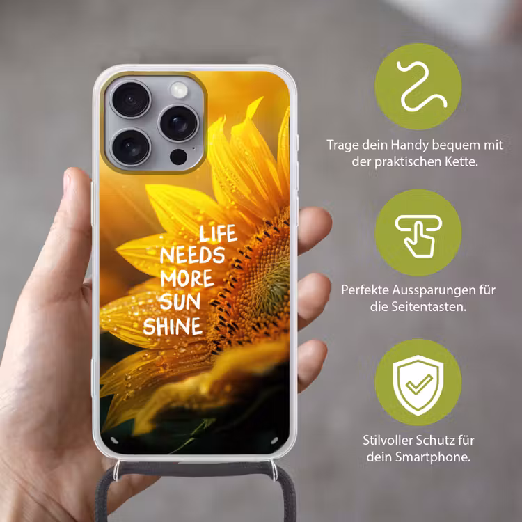 Zonnebloem - Close up - Geel - Quote Hoesje iPhone 16 Pro Max met koord klein -sfeer2_DE
