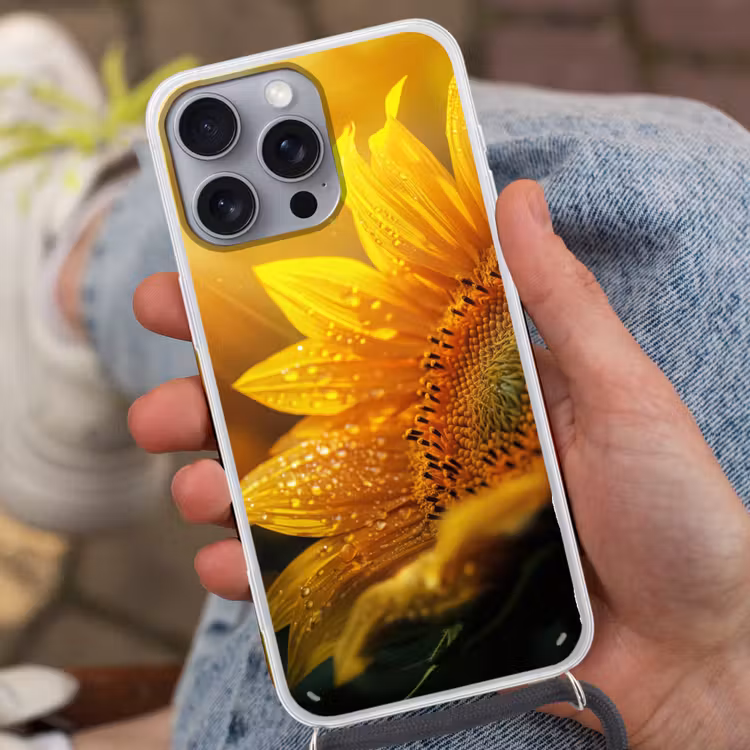 Zonnebloem - Dauwdruppels - Geel - Zonlicht Hoesje iPhone 16 Pro Max met koord klein -sfeer3