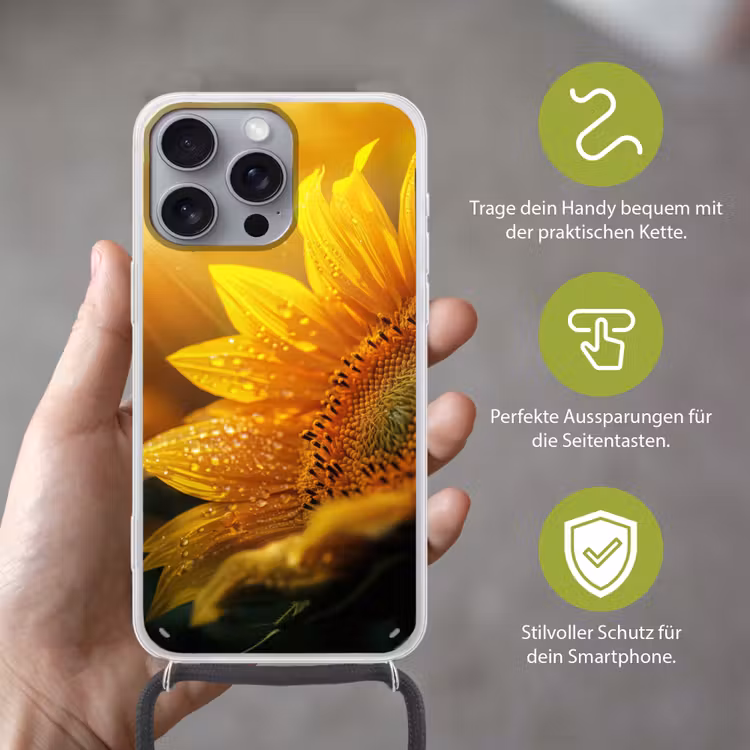 Zonnebloem - Dauwdruppels - Geel - Zonlicht Hoesje iPhone 16 Pro Max met koord klein -sfeer2_DE