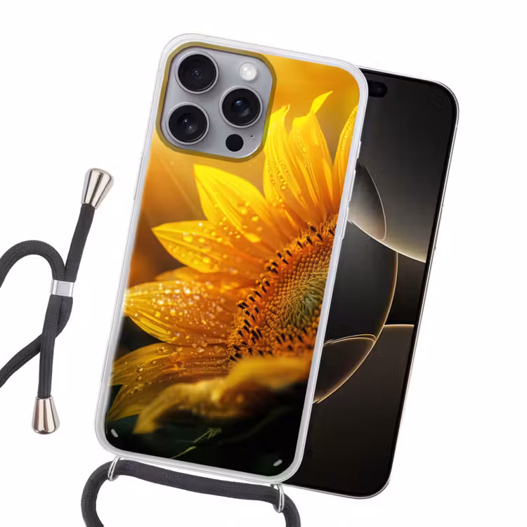 Zonnebloem - Dauwdruppels - Geel - Zonlicht Hoesje iPhone 16 Pro Max met koord klein -sfeer1