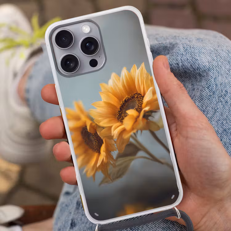 Zonnebloemen - Geel - Wazig Hoesje iPhone 16 Pro Max met koord klein -sfeer3