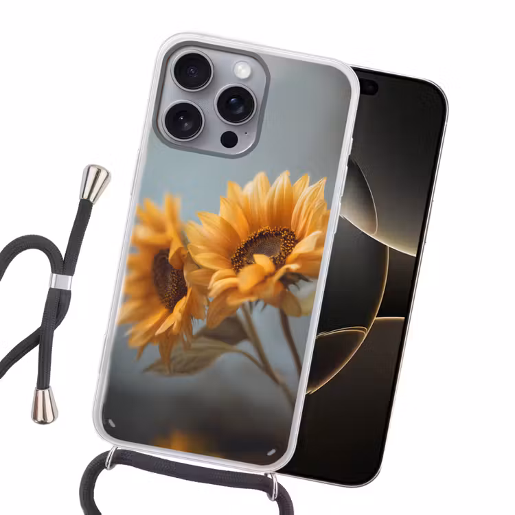 Zonnebloemen - Geel - Wazig Hoesje iPhone 16 Pro Max met koord klein -sfeer1