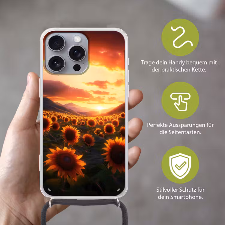 Zonnebloemen - Zonsondergang - Landschap Hoesje iPhone 16 Pro Max met koord klein -sfeer2_DE