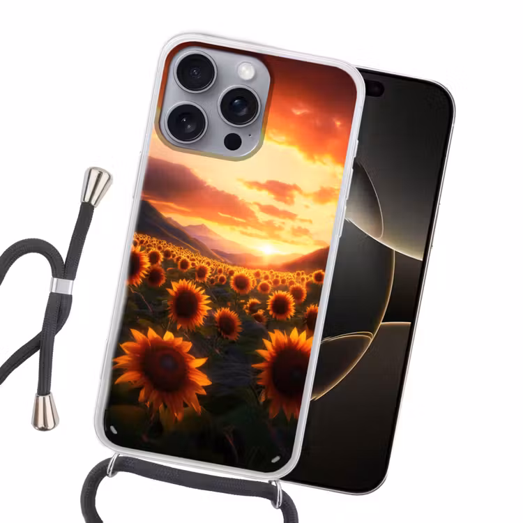 Zonnebloemen - Zonsondergang - Landschap Hoesje iPhone 16 Pro Max met koord klein -sfeer1