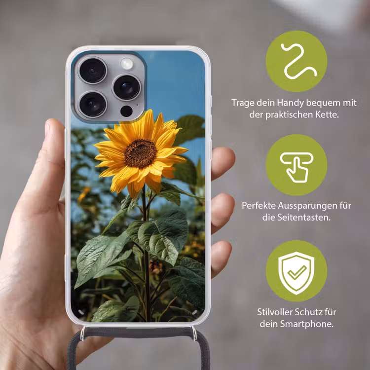 Zonnebloemen - Helderblauwer lucht - Gras Hoesje iPhone 16 Pro Max met koord klein -sfeer2_DE