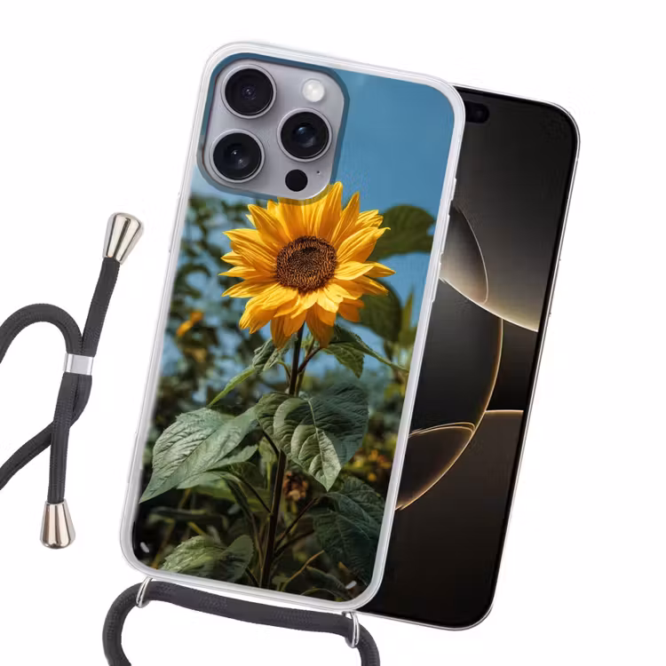 Zonnebloemen - Helderblauwer lucht - Gras Hoesje iPhone 16 Pro Max met koord klein -sfeer1