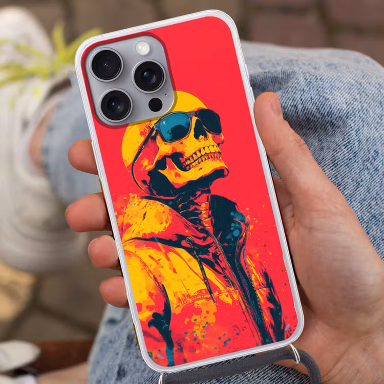 Zonnebril - Schedel - Jas - Rood Hoesje iPhone 16 Pro Max met koord klein -sfeer3