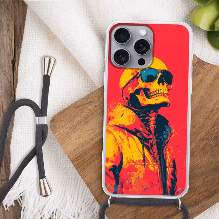 Zonnebril - Schedel - Jas - Rood Hoesje iPhone 16 Pro Max met koord klein -sfeer4