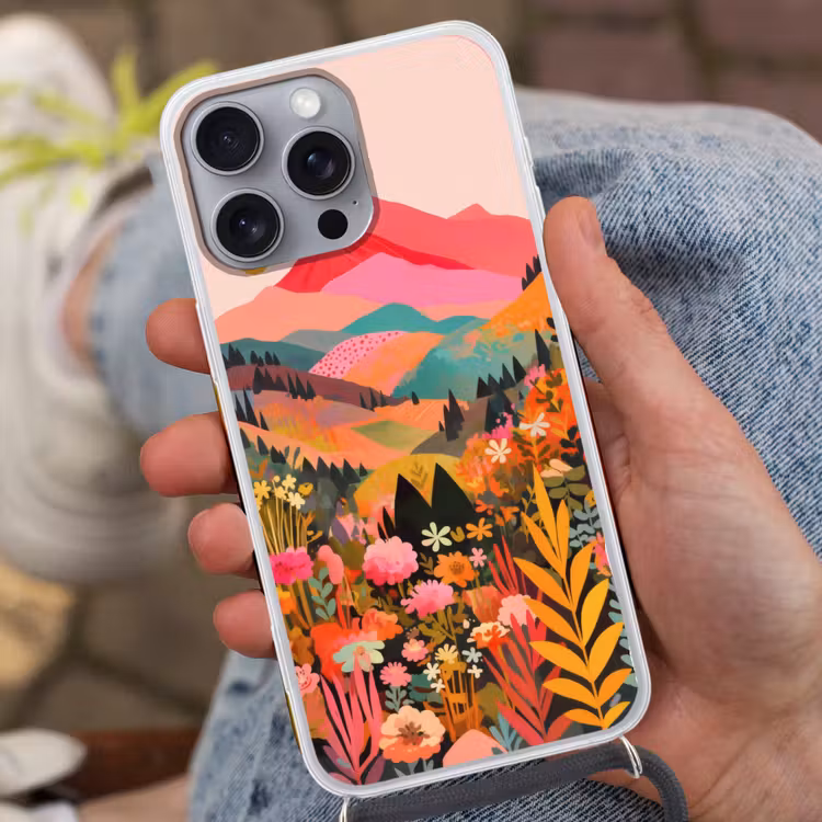 Zonsondergang - Bergvallei - Contrast Hoesje iPhone 16 Pro Max met koord klein -sfeer3