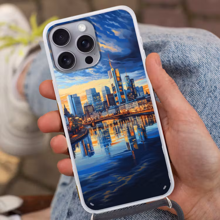 Zonsondergang Frankfurt - Stad - Skyline - Water Hoesje iPhone 16 Pro Max met koord klein -sfeer3