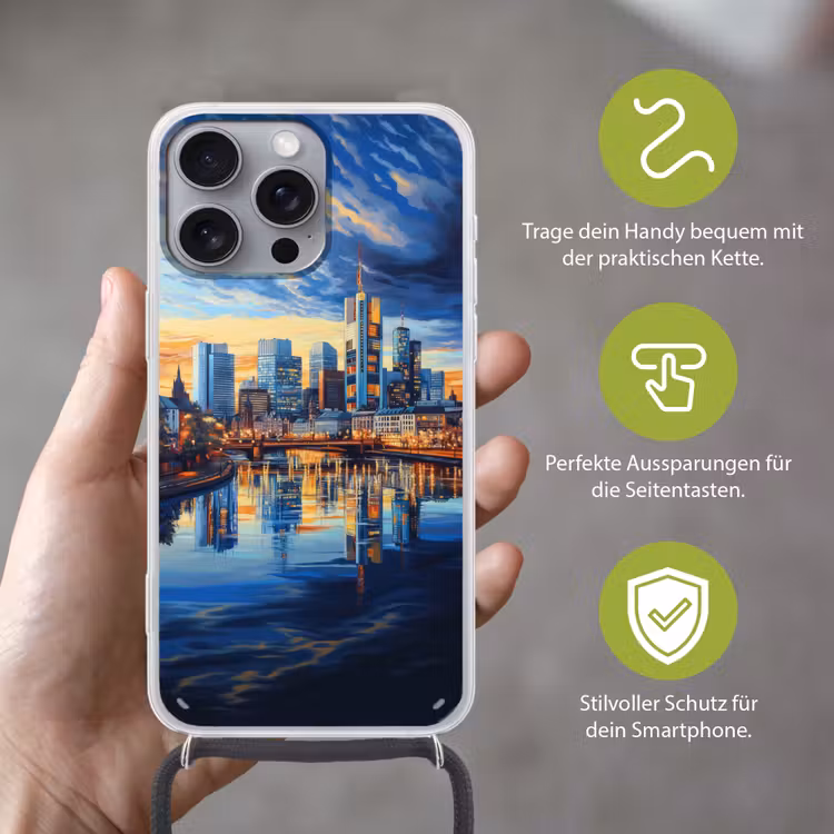 Zonsondergang Frankfurt - Stad - Skyline - Water Hoesje iPhone 16 Pro Max met koord klein -sfeer2_DE