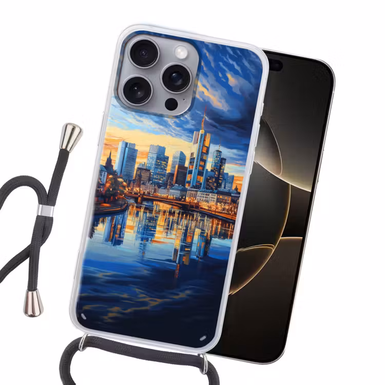 Zonsondergang Frankfurt - Stad - Skyline - Water Hoesje iPhone 16 Pro Max met koord klein -sfeer1