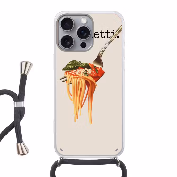 Spaghetti - tomatensaus - Parmezaanse kaas Hoesje iPhone 16 Pro Max met koord klein -3d