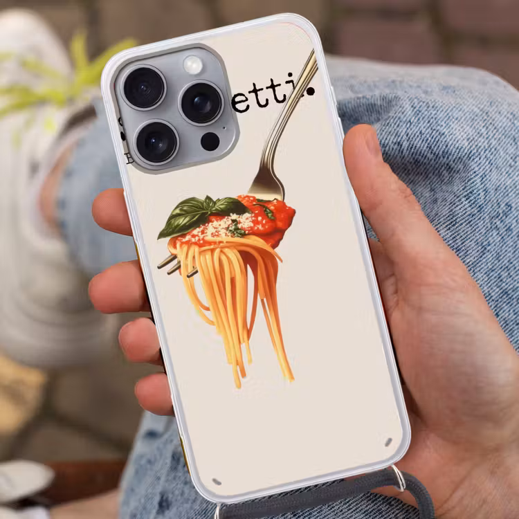 Spaghetti - tomatensaus - Parmezaanse kaas Hoesje iPhone 16 Pro Max met koord klein -sfeer3