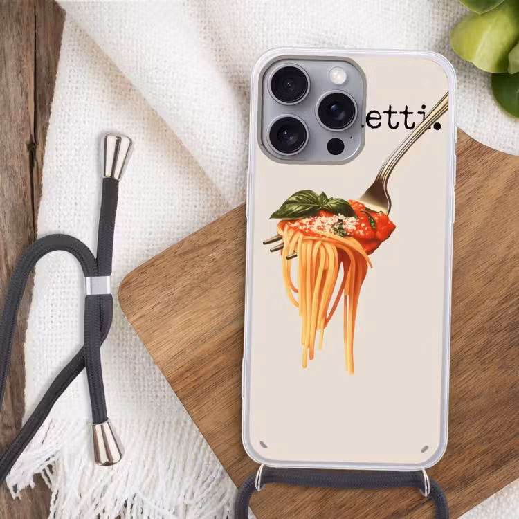 Spaghetti - tomatensaus - Parmezaanse kaas Hoesje iPhone 16 Pro Max met koord klein -sfeer4