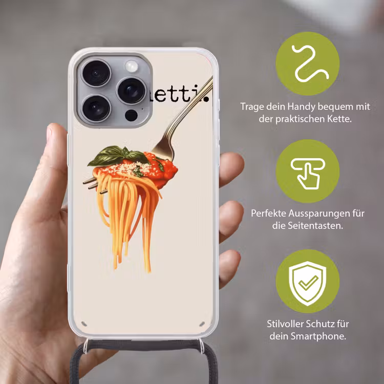 Spaghetti - tomatensaus - Parmezaanse kaas Hoesje iPhone 16 Pro Max met koord klein -sfeer2_DE