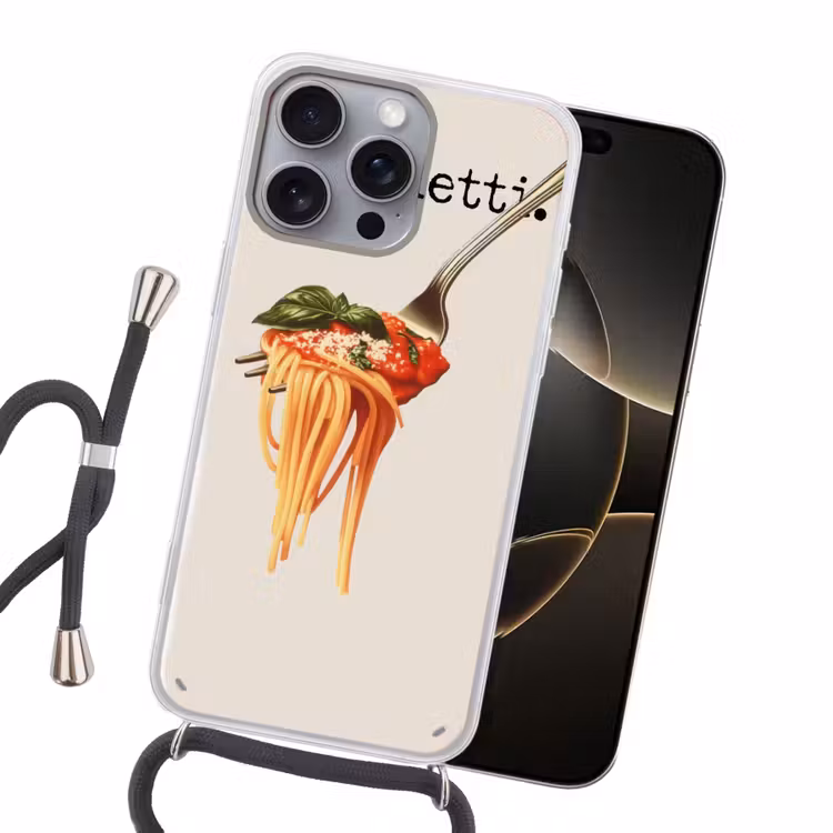 Spaghetti - tomatensaus - Parmezaanse kaas Hoesje iPhone 16 Pro Max met koord klein -sfeer1