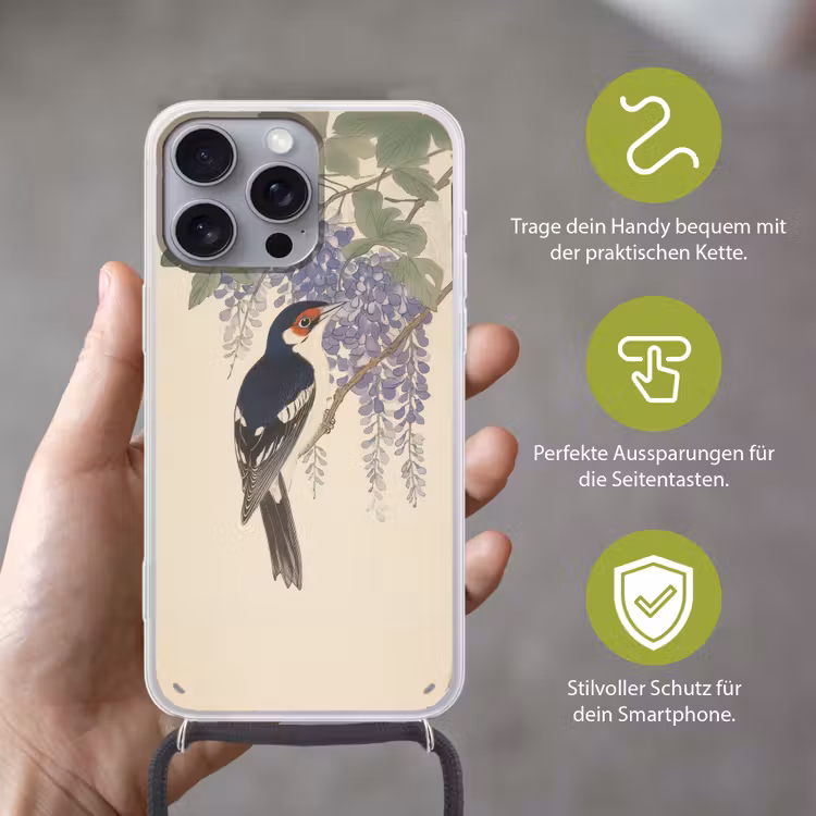 Specht - Bloemen - Paars Hoesje iPhone 16 Pro Max met koord klein -sfeer2_DE