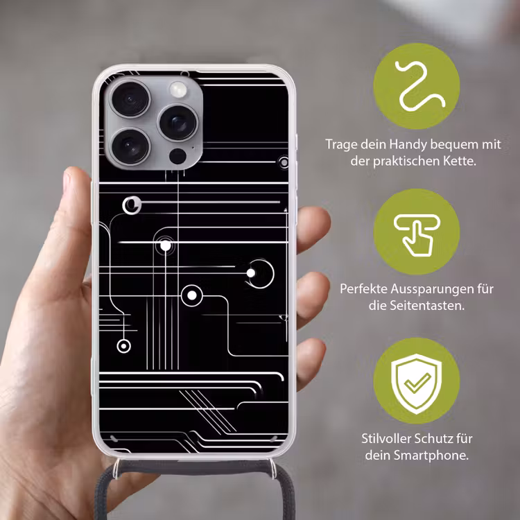 Gaming - Abstract - Lijnen - Rondjes - Zwart Hoesje iPhone 16 Pro Max met koord klein -sfeer2_DE