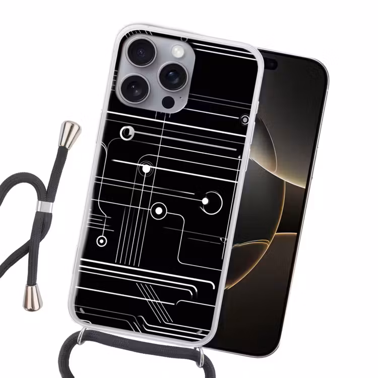 Gaming - Abstract - Lijnen - Rondjes - Zwart Hoesje iPhone 16 Pro Max met koord klein -sfeer1