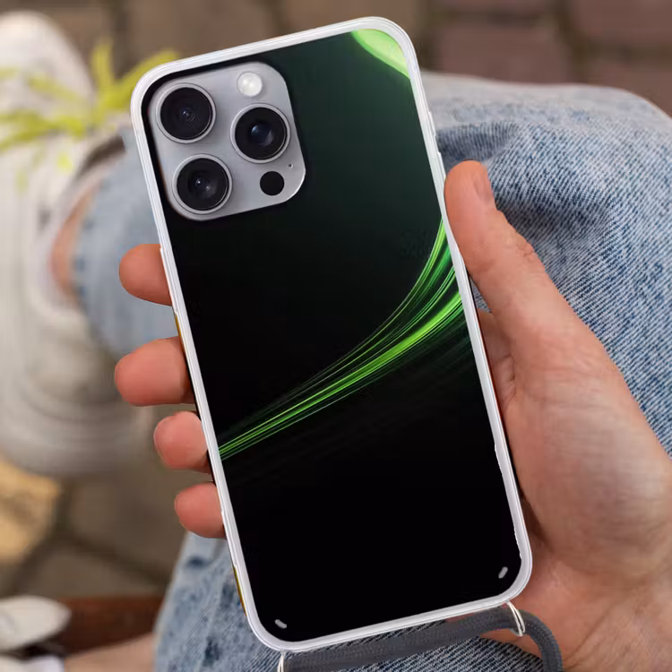 Gaming - Lijnen - Boog - Groen Hoesje iPhone 16 Pro Max met koord klein -sfeer3