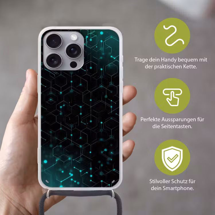 Gaming - Netwerk - Blauw - Punten - Patroon Hoesje iPhone 16 Pro Max met koord klein -sfeer2_DE