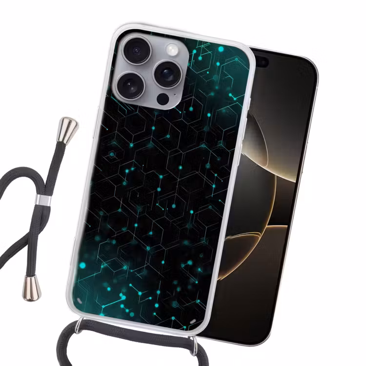 Gaming - Netwerk - Blauw - Punten - Patroon Hoesje iPhone 16 Pro Max met koord klein -sfeer1
