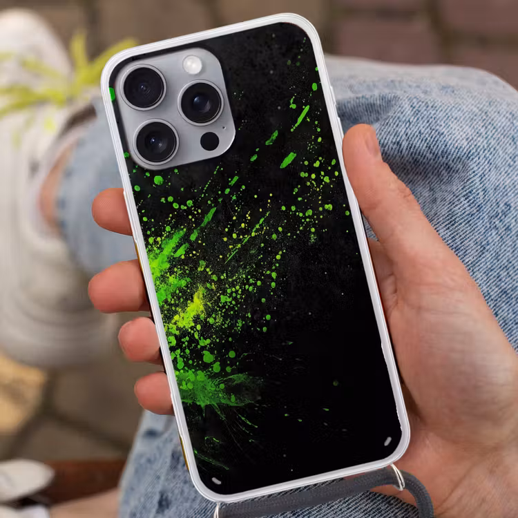 Gaming - Spetters - Groen - Chaotisch - Groen Hoesje iPhone 16 Pro Max met koord klein -sfeer3