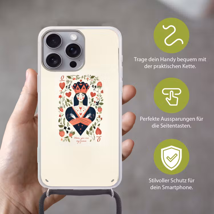 Speelkaart - Hartenkoningin - Bloemen - Hartjes Hoesje iPhone 16 Pro Max met koord klein -sfeer2_DE