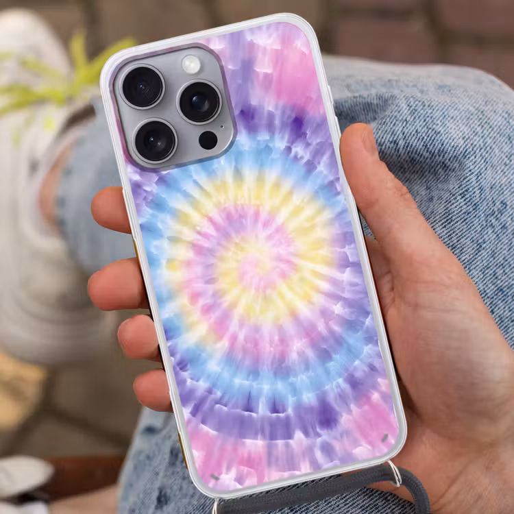 Spiraal - Tie dye - Pasteltinten Hoesje iPhone 16 Pro Max met koord klein -sfeer3