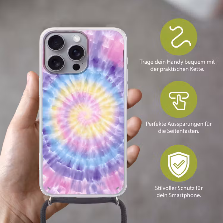 Spiraal - Tie dye - Pasteltinten Hoesje iPhone 16 Pro Max met koord klein -sfeer2_DE
