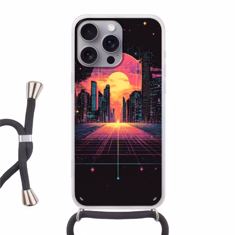 Stad - Gebouwen - Zon - Geel Hoesje iPhone 16 Pro Max met koord klein -3d