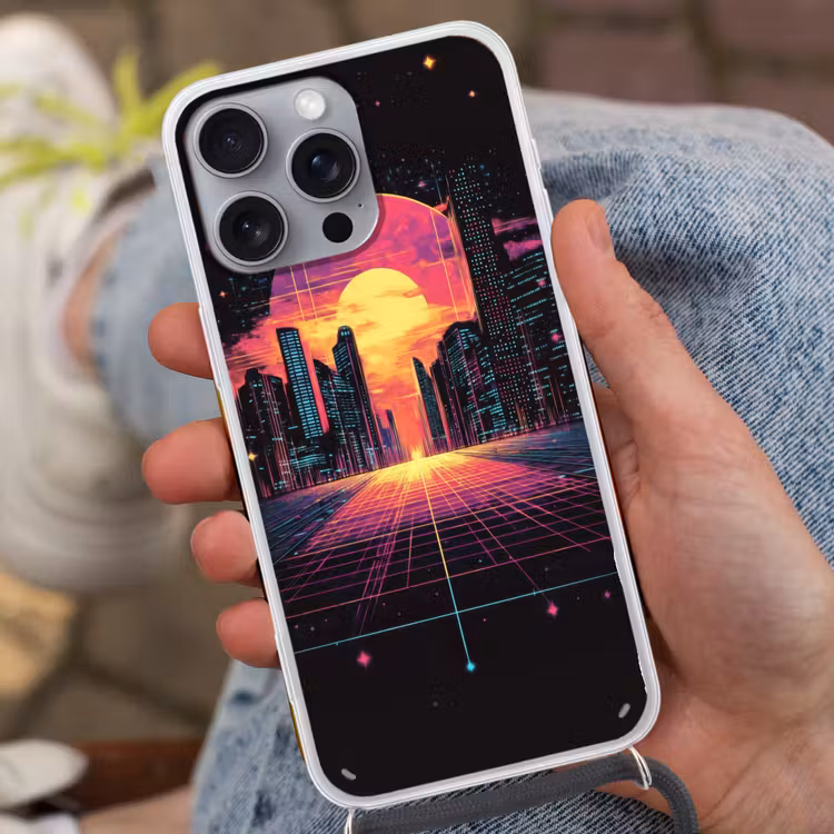 Stad - Gebouwen - Zon - Geel Hoesje iPhone 16 Pro Max met koord klein -sfeer3