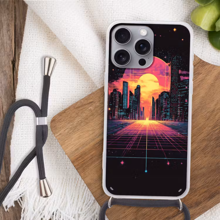 Stad - Gebouwen - Zon - Geel Hoesje iPhone 16 Pro Max met koord klein -sfeer4