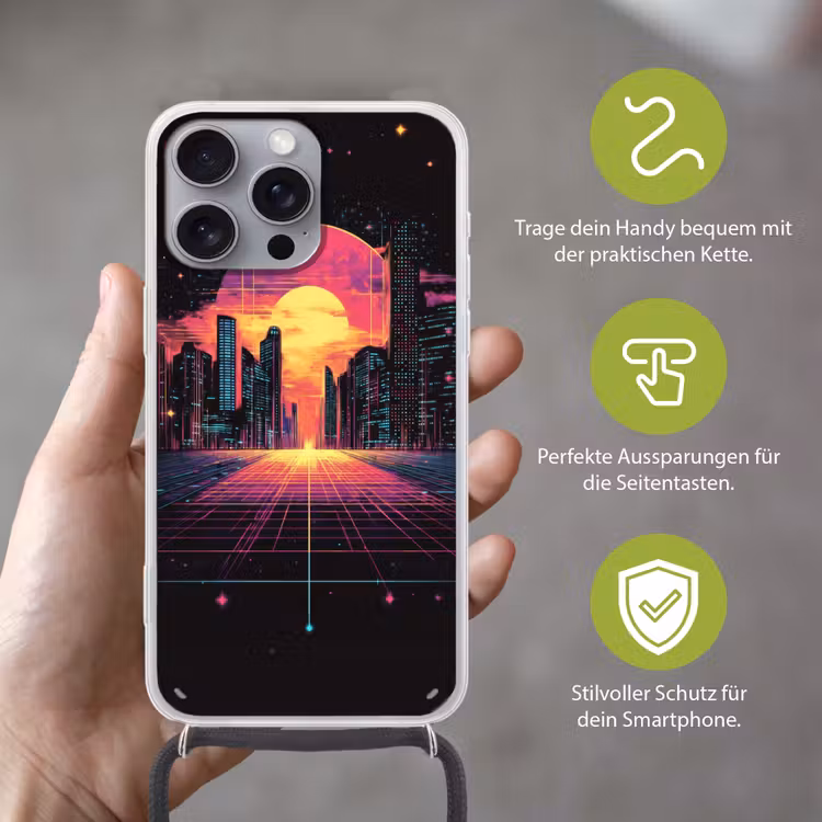 Stad - Gebouwen - Zon - Geel Hoesje iPhone 16 Pro Max met koord klein -sfeer2_DE